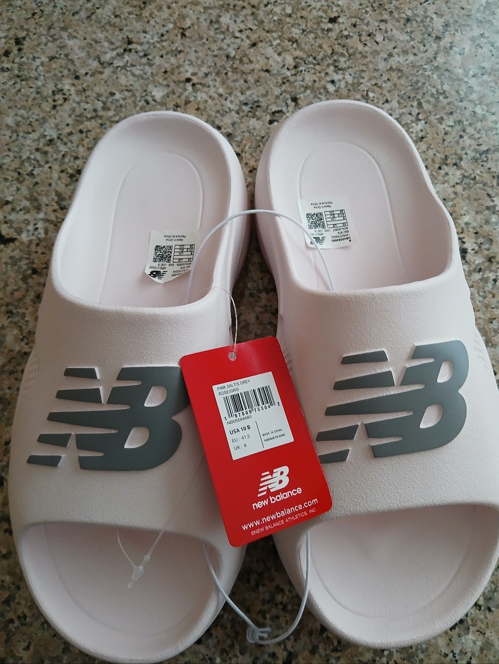 Women's New Balance Light Pink Slide Sandals with Silver NB Logo